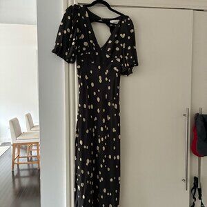 ba&sh midi dress with open back, short sleeves and plunge neckline